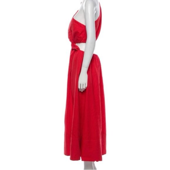 NEW FARM Rio Red Midi Knot Dress Linen Cutout Elastic Waist Asymmetrical Size XL - Picture 10 of 13